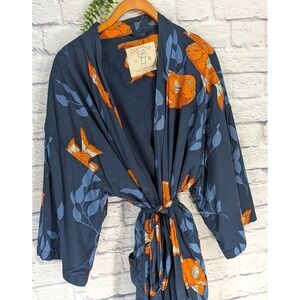 POCKETS!🧡California Cowboy El Garibaldi Robe L/XL Navy Orange Lined Belted Fish
